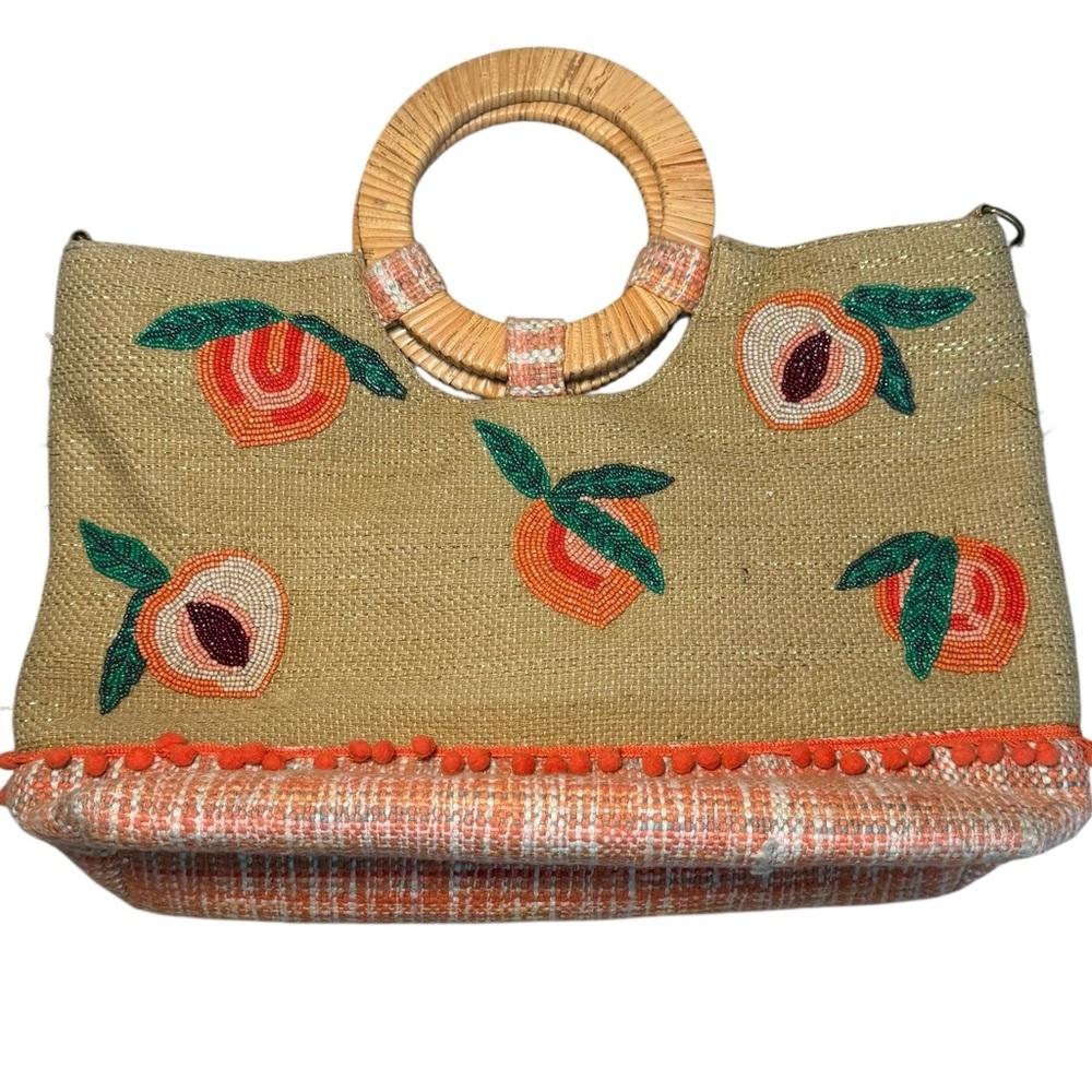 America & Beyond Peach Tote Bag | Beaded‎ Jute Wooden Handles